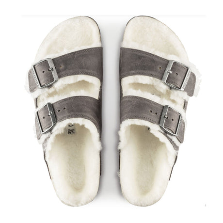 Birkenstock Arizona Slide Sandal (Women) - Iron Nubuck/Natural Shearling Sandals - Slide - The Heel Shoe Fitters