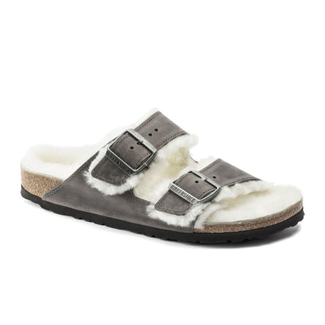 Birkenstock Arizona Slide Sandal (Women) - Iron Nubuck/Natural Shearling Sandals - Slide - The Heel Shoe Fitters