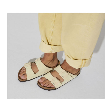 Birkenstock Arizona Narrow Soft Footbed Slide Sandal (Women) - Almond Suede Sandals - Slide - The Heel Shoe Fitters