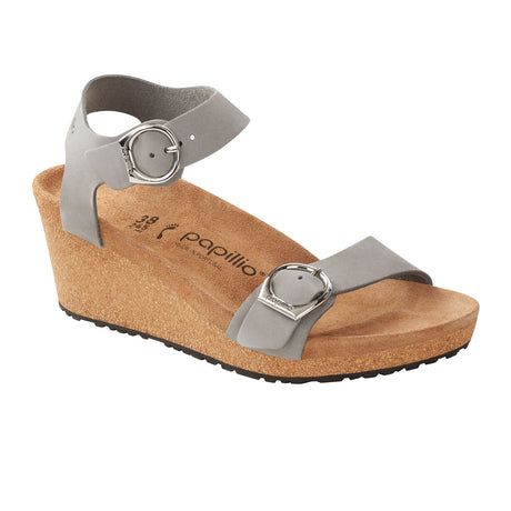 Birkenstock Soley Ring-Buckle Wedge Sandal (Women) - Dove Gray Nubuck Sandals - Heel/Wedge - The Heel Shoe Fitters