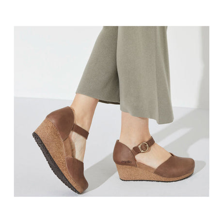 Birkenstock Mary Ring-Buckle Wedge Sandal (Women) - Cognac Oiled Leather Sandals - Heel/Wedge - The Heel Shoe Fitters