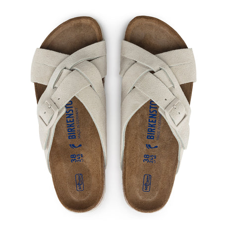 Birkenstock Lugano Soft Footbed Slide Sandal (Women) - Antique White Suede Sandals - Slide - The Heel Shoe Fitters