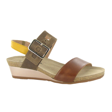 Naot Dynasty Wedge Sandal (Women) - Maple Brown Leather/Antique Brown Suede/Marigold Leather Sandals - Heel/Wedge - The Heel Shoe Fitters