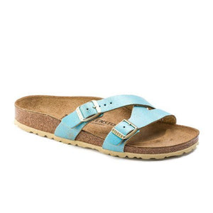 Birkenstock Yao Narrow (Women) - Washed Metallic Aqua Suede Sandals - Slide - The Heel Shoe Fitters