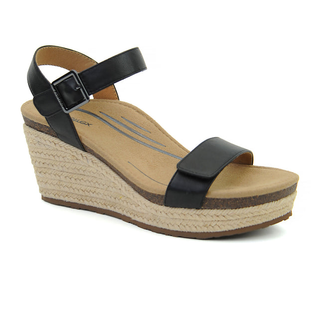 Aetrex Sydney Wedge Sandal (Women) - Black Leather Sandals - Heel/Wedge - The Heel Shoe Fitters